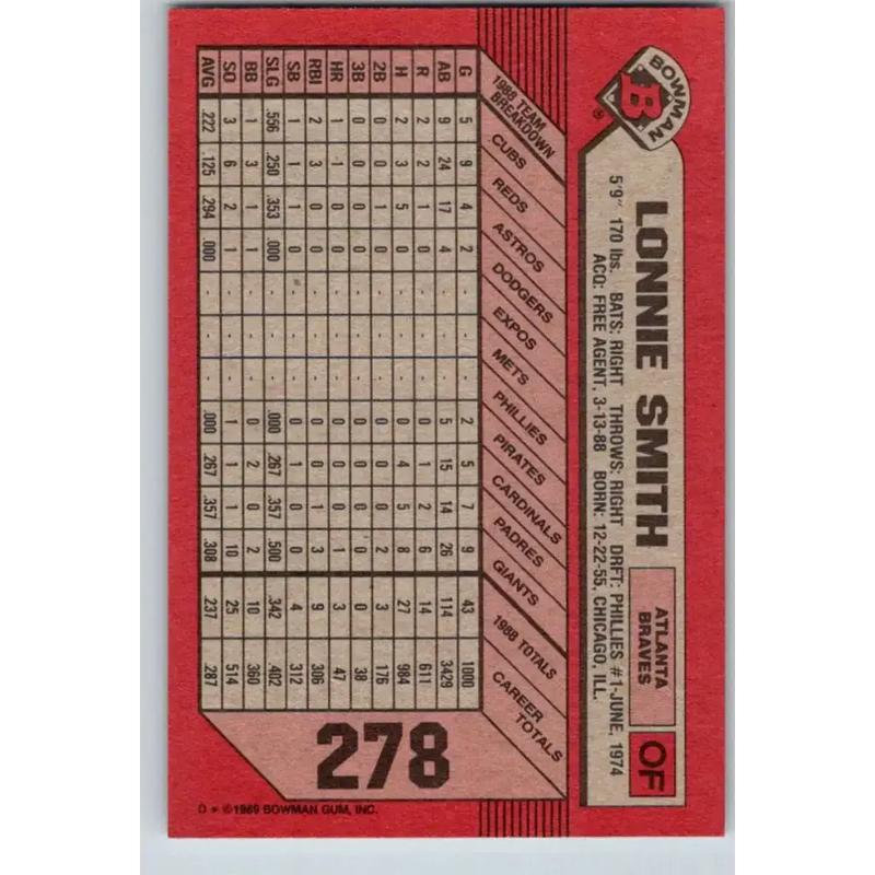 1989 Bowman #278 Lonnie Smith NM-MT Atlanta Braves Baseball Card - Baseball Card Single
