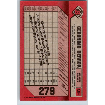 1989 Bowman #279 Geronimo Berroa NM-MT Atlanta Braves Baseball Card