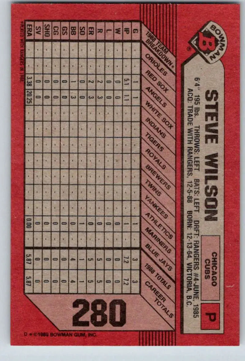 1989 Bowman #280 Steve Wilson NM-MT RC Rookie Chicago Cubs Baseball Card - Baseball Card Single