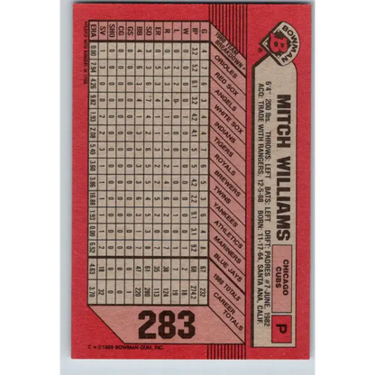 1989 Bowman #283 Mitch Williams NM-MT Chicago Cubs Baseball Card