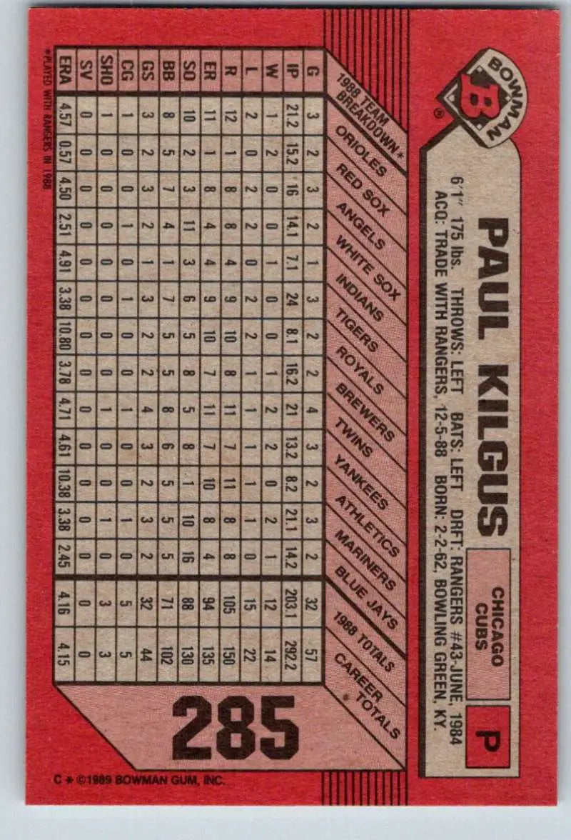 1989 Bowman #285 Paul Kilgus NM-MT Chicago Cubs Baseball Card - Baseball Card Single
