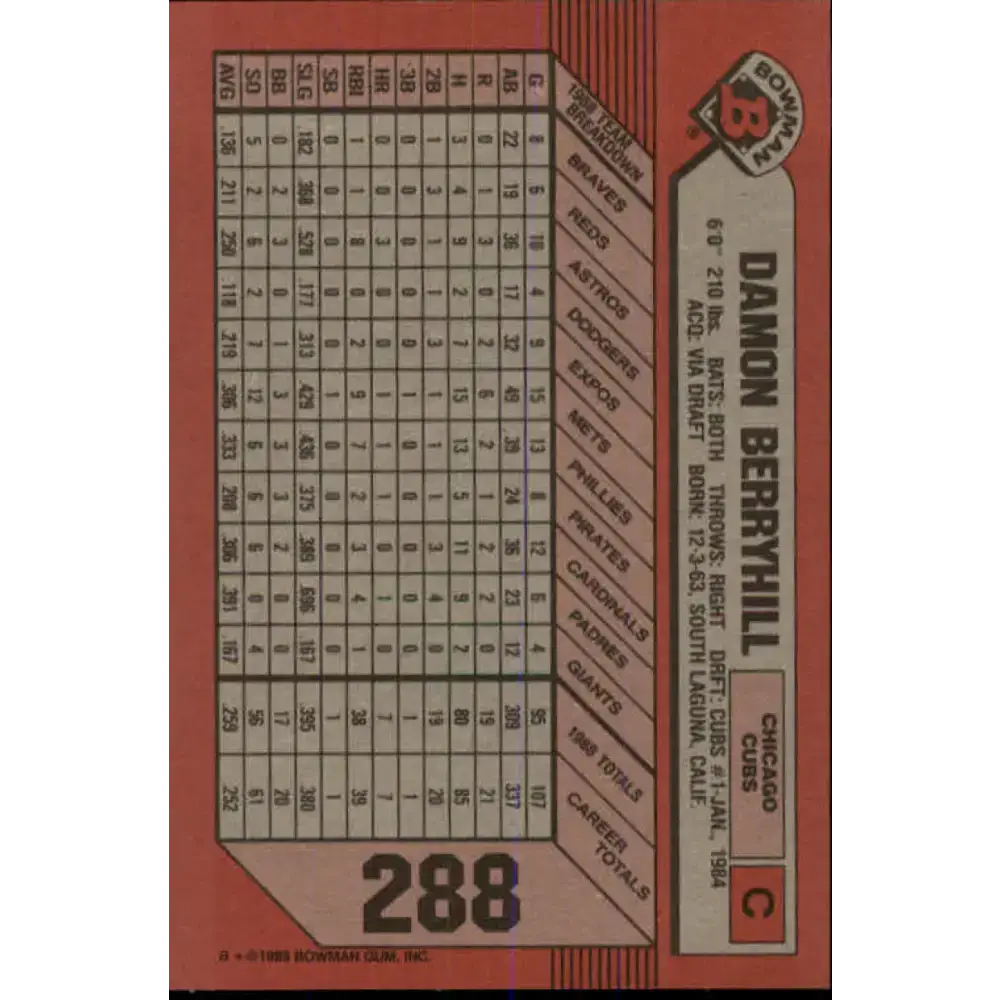 1989 Bowman #288 Damon Berryhill NM-MT Chicago Cubs Baseball Card