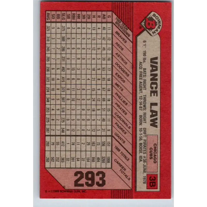 1989 Bowman #293 Vance Law NM-MT Chicago Cubs Baseball Card - Baseball Card Single