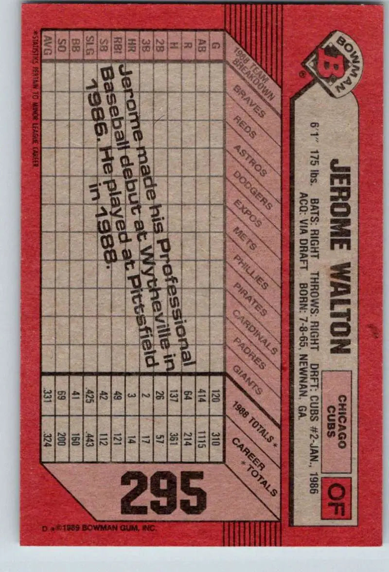 1989 Bowman #295 Jerome Walton NM-MT RC Rookie Chicago Cubs Baseball Card - Baseball Card Single