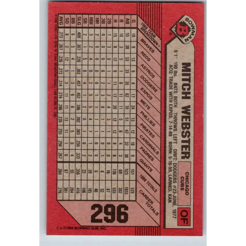 1989 Bowman #296 Mitch Webster NM-MT Chicago Cubs Baseball Card - Baseball Card Single