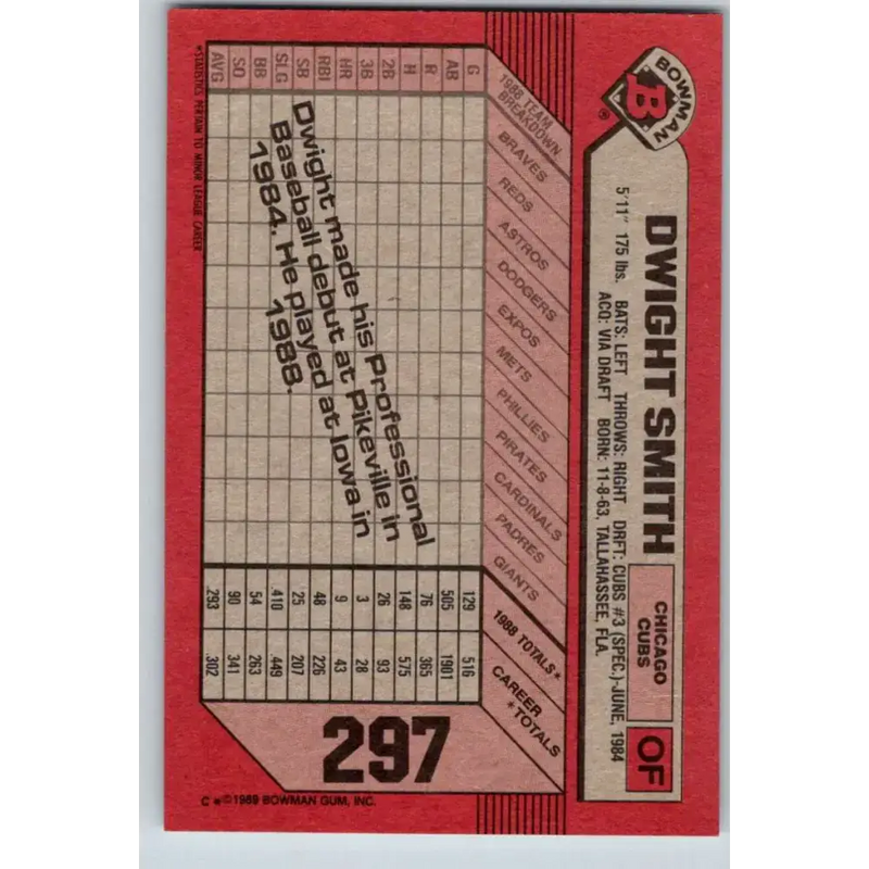 1989 Bowman #297 Dwight Smith NM-MT RC Rookie Chicago Cubs Baseball Card - Baseball Card Single