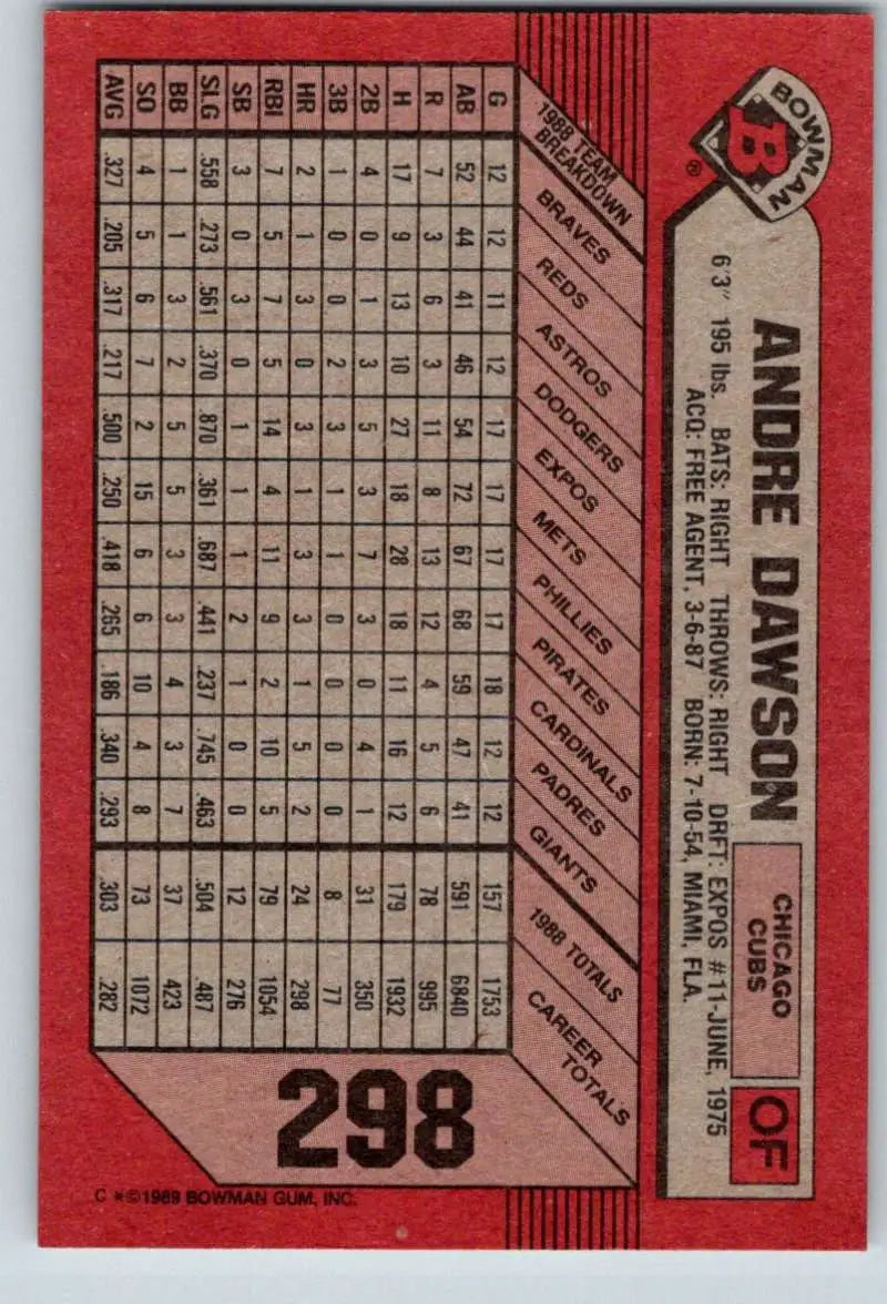 1989 Bowman #298 Andre Dawson NM-MT Chicago Cubs Baseball Card - Baseball Card Single