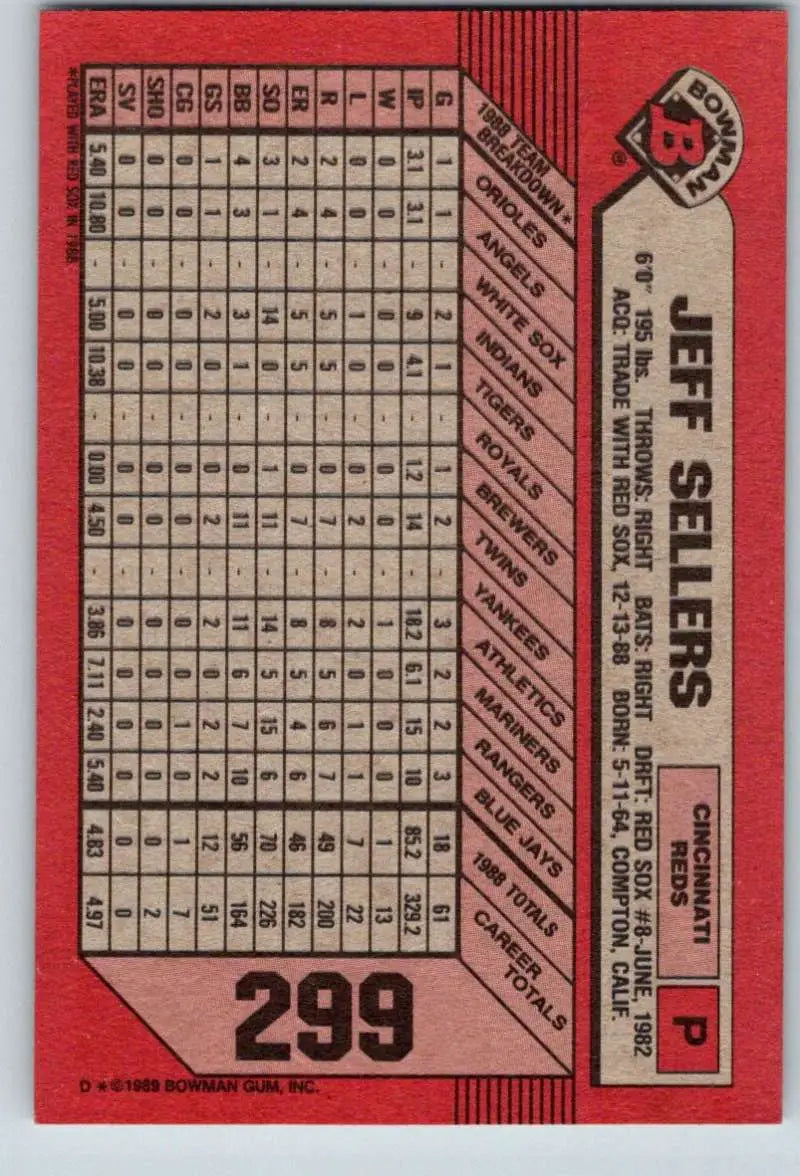 1989 Bowman #299 Jeff Sellers NM-MT Cincinnati Reds Baseball Card - Baseball Card Single