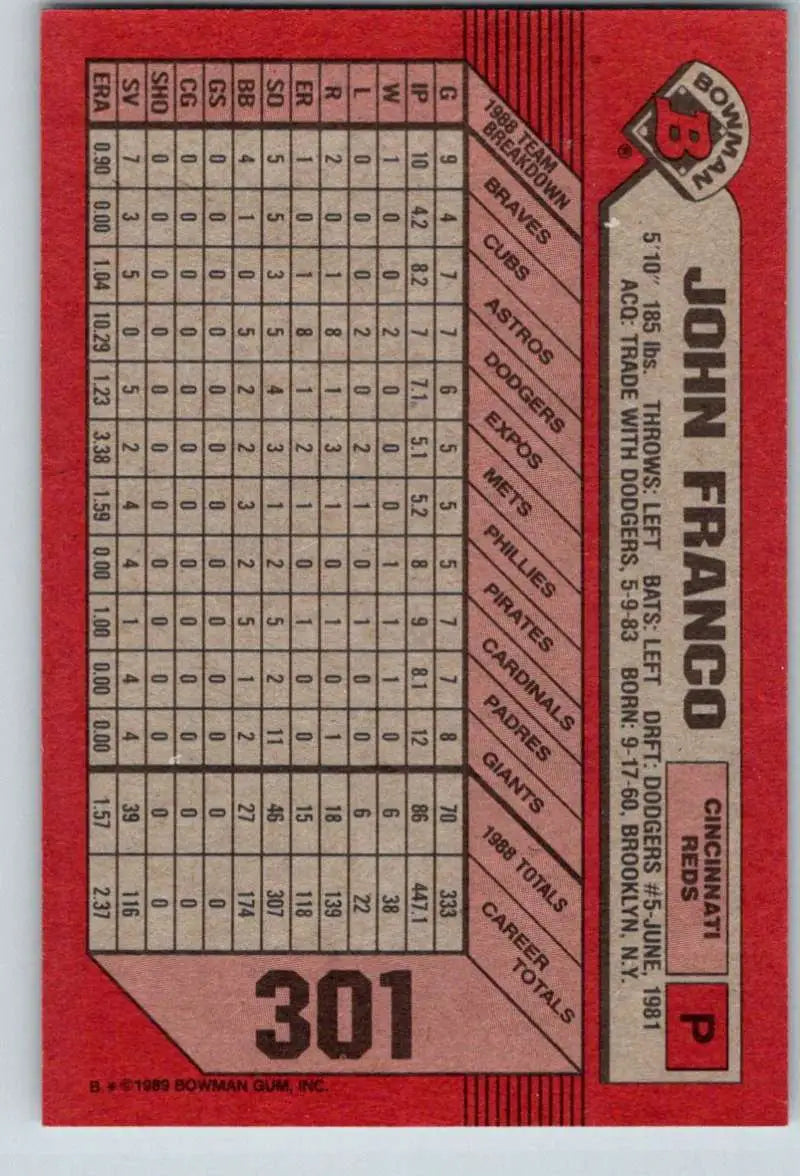 1989 Bowman #301 John Franco NM-MT Cincinnati Reds Baseball Card - Baseball Card Single