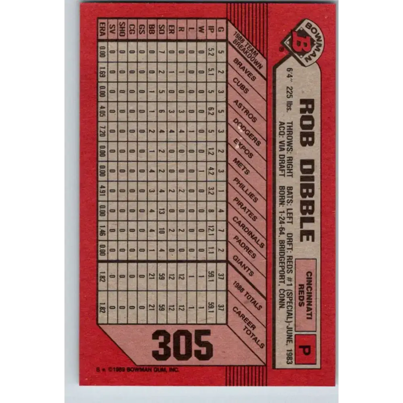 1989 Bowman #305 Rob Dibble NM-MT RC Rookie Cincinnati Reds Baseball Card - Baseball Card Single