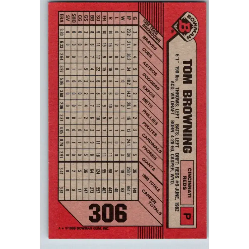 1989 Bowman #306 Tom Browning NM-MT Cincinnati Reds Baseball Card - Baseball Card Single
