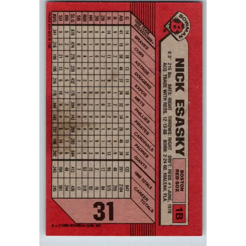 1989 Bowman #31 Nick Esasky NM-MT Boston Red Sox Baseball Card - Baseball Card Single