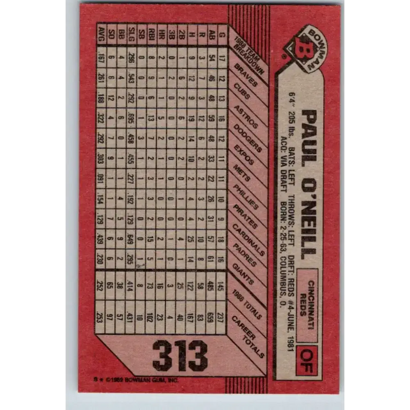 1989 Bowman #313 Paul O’Neill NM-MT Cincinnati Reds Baseball Card - Baseball Card Single