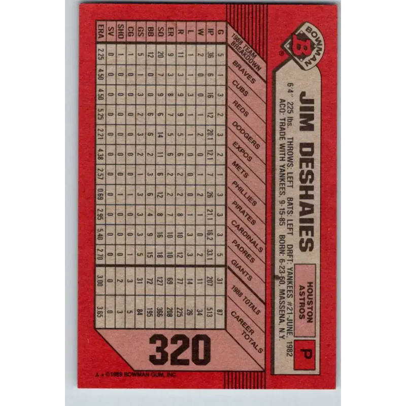 1989 Bowman #320 Jim Deshaies NM-MT Houston Astros Baseball Card - Baseball Card Single