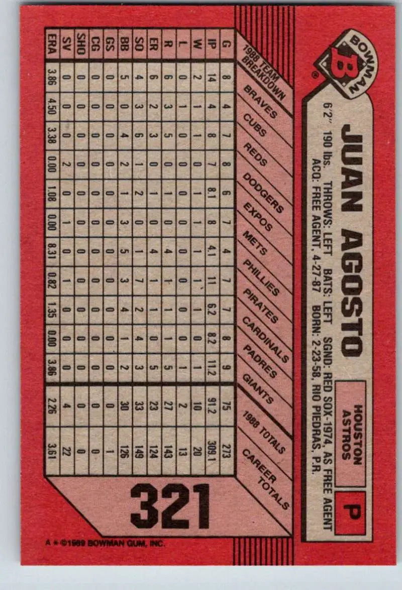 1989 Bowman #321 Juan Agosto NM-MT Houston Astros Baseball Card - Baseball Card Single