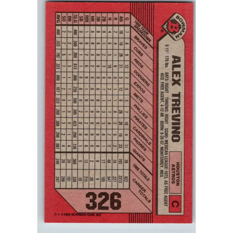 1989 Bowman #326 Alex Trevino NM-MT Houston Astros Baseball Card - Baseball Card Single