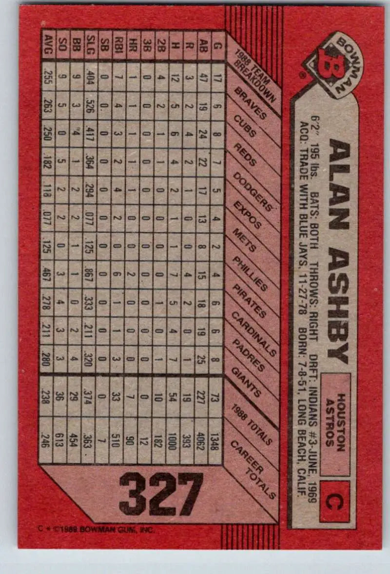 1989 Bowman #327 Alan Ashby NM-MT Houston Astros Baseball Card - Baseball Card Single