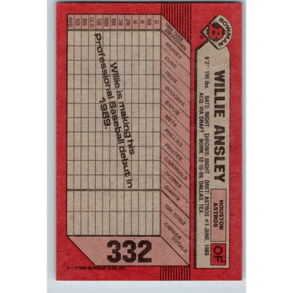 1989 Bowman #332 Willie Ansley NM-MT RC Rookie Houston Astros Baseball Card