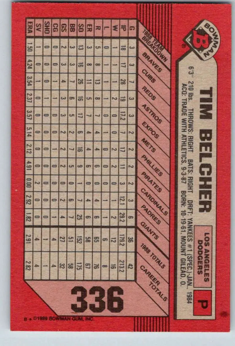 1989 Bowman #336 Tim Belcher NM-MT Los Angeles Dodgers Baseball Card - Baseball Card Single
