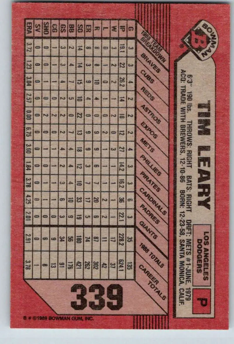 1989 Bowman #339 Tim Leary NM-MT Los Angeles Dodgers Baseball Card - Baseball Card Single