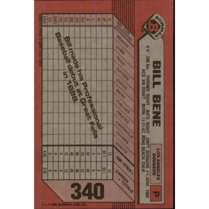 1989 Bowman #340 Bill Bene NM-MT RC Rookie Los Angeles Dodgers Baseball Card