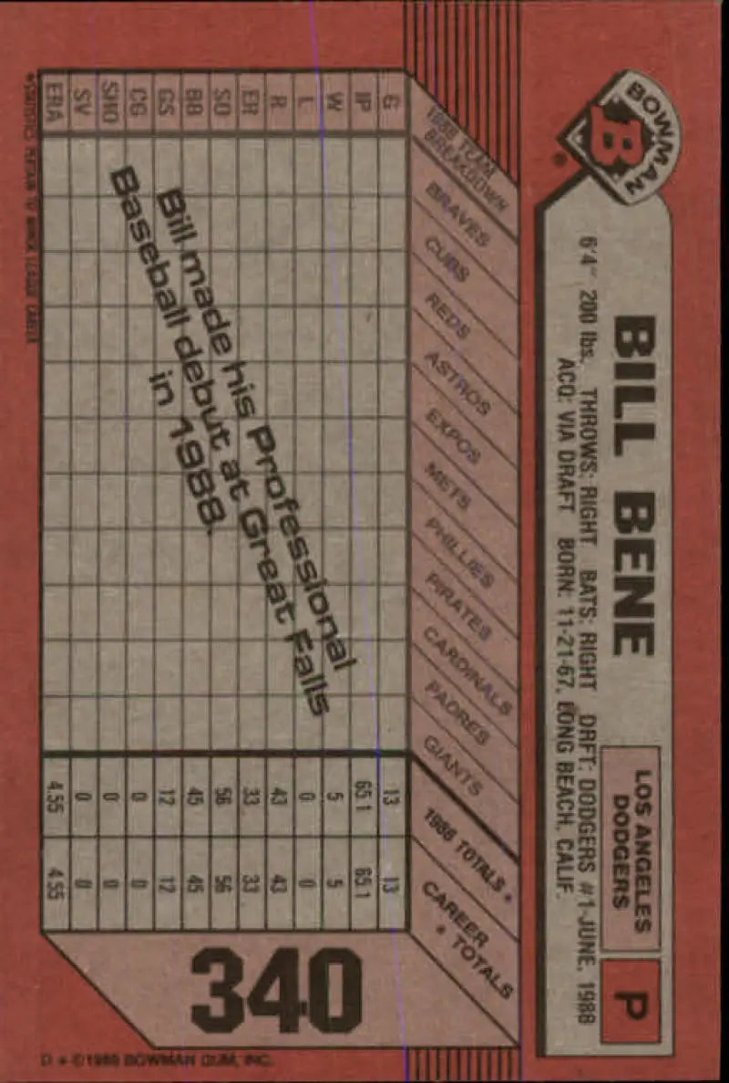 1989 Bowman #340 Bill Bene NM-MT RC Rookie Los Angeles Dodgers Baseball Card - Baseball Card Single