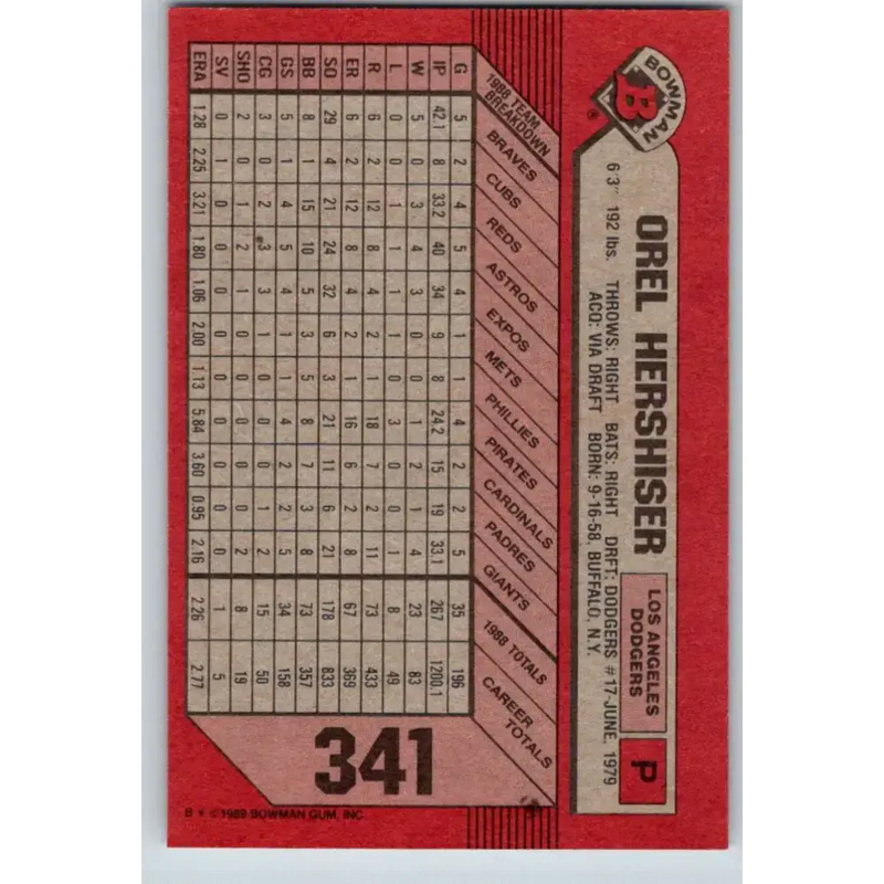 1989 Bowman #341 Orel Hershiser NM-MT Los Angeles Dodgers Baseball Card - Baseball Card Single