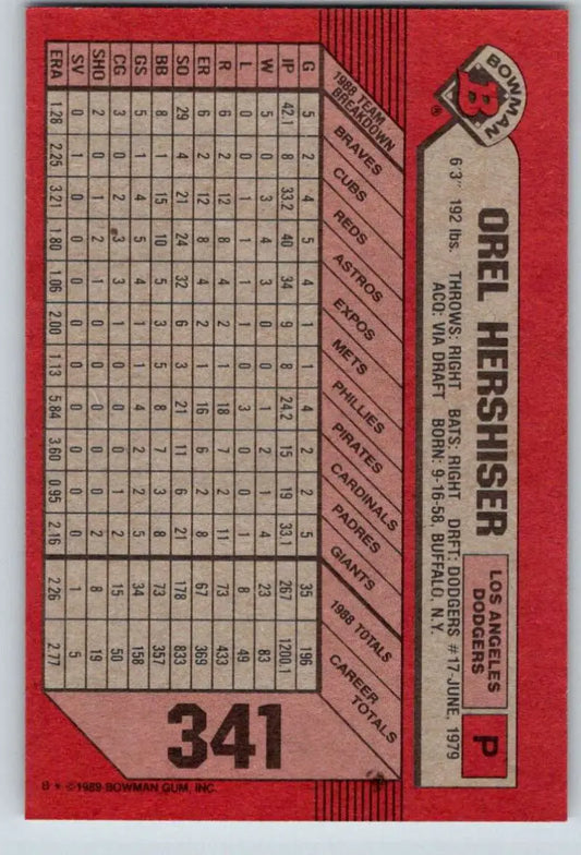 1989 Bowman #341 Orel Hershiser NM-MT Los Angeles Dodgers Baseball Card - Baseball Card Single