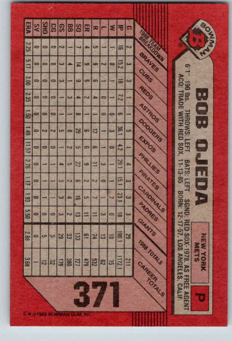 1989 Bowman #371 Bob Ojeda NM-MT New York Mets Baseball Card - Baseball Card Single
