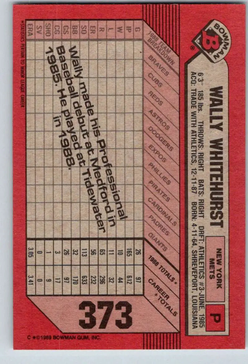 1989 Bowman #373 Wally Whitehurst NM-MT RC Rookie New York Mets Baseball Card - Baseball Card Single