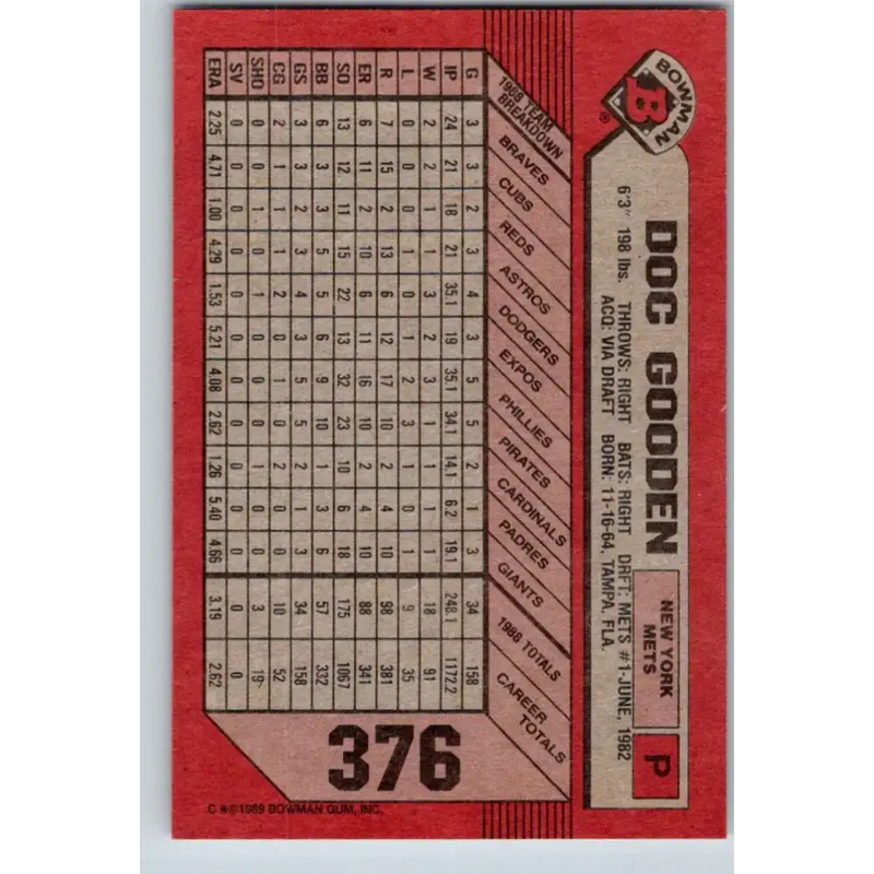 1989 Bowman #376 Dwight Gooden NM-MT New York Mets Baseball Card - Baseball Card Single