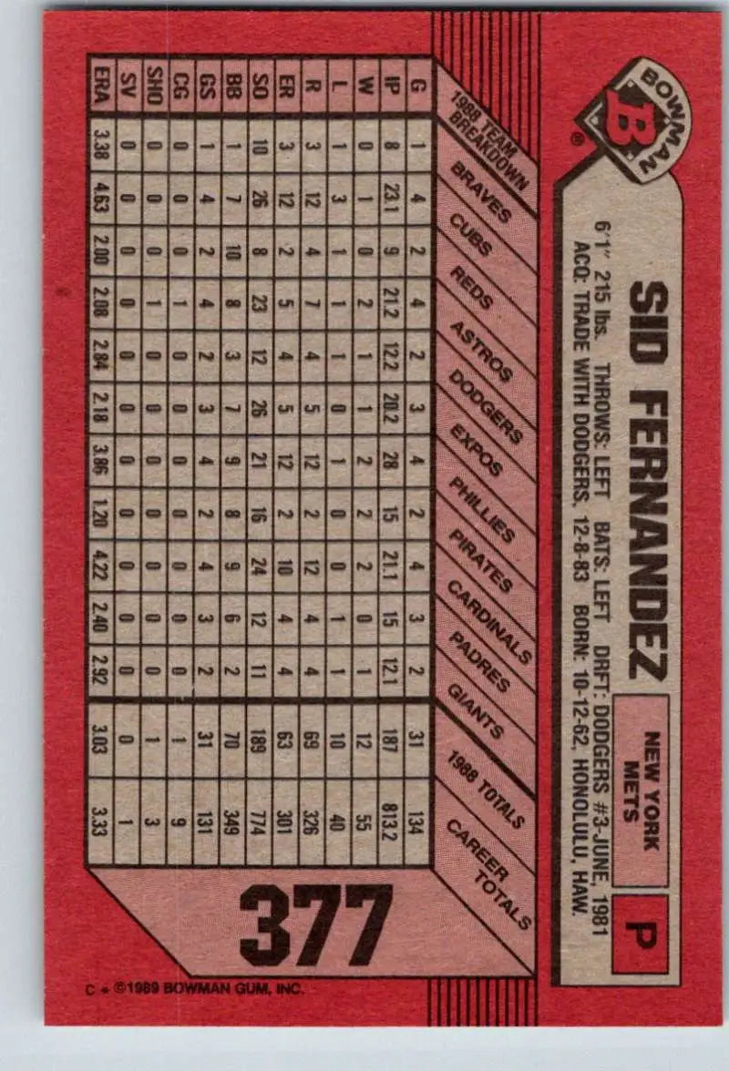 1989 Bowman #377 Sid Fernandez NM-MT New York Mets Baseball Card - Baseball Card Single