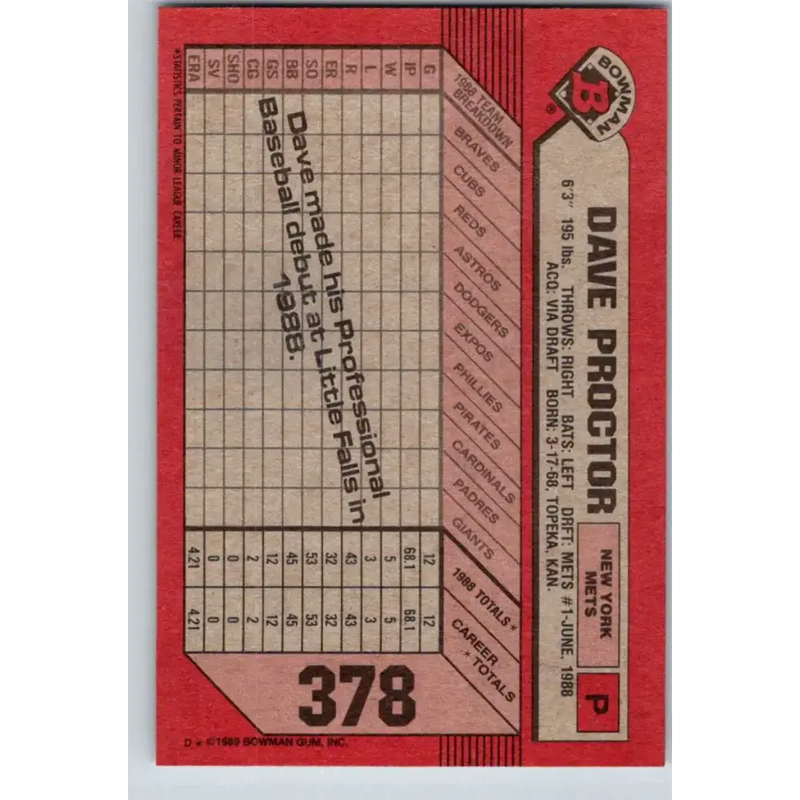 1989 Bowman #378 Dave Proctor NM-MT New York Mets Baseball Card - Baseball Card Single