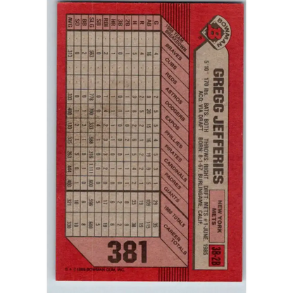 1989 Bowman #381 Gregg Jefferies NM-MT New York Mets Baseball Card