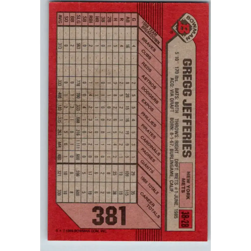 1989 Bowman #381 Gregg Jefferies NM-MT New York Mets Baseball Card - Baseball Card Single