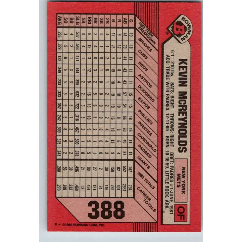 1989 Bowman #388 Kevin McReynolds NM-MT New York Mets Baseball Card - Baseball Card Single