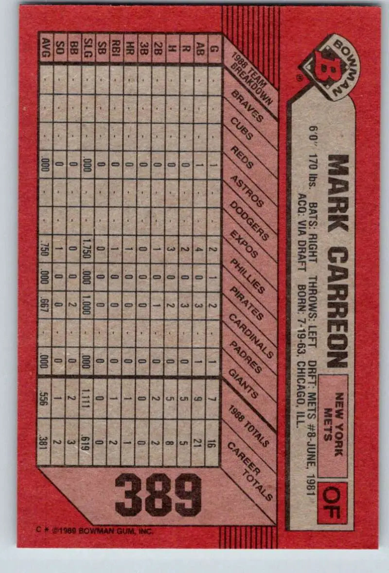 1989 Bowman #389 Mark Carreon NM-MT New York Mets Baseball Card - Baseball Card Single