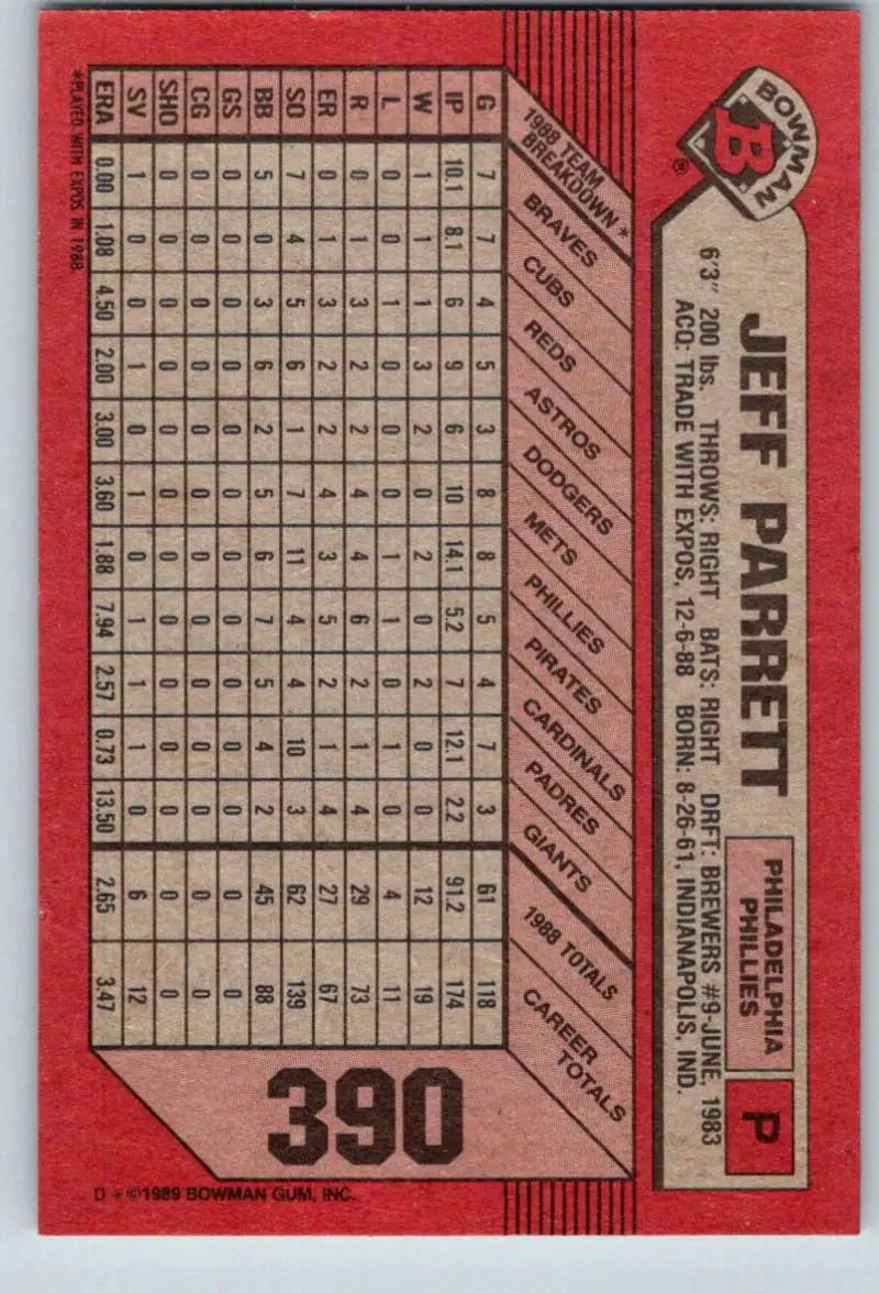 1989 Bowman #390 Jeff Parrett NM-MT Philadelphia Phillies Baseball Card - Baseball Card Single