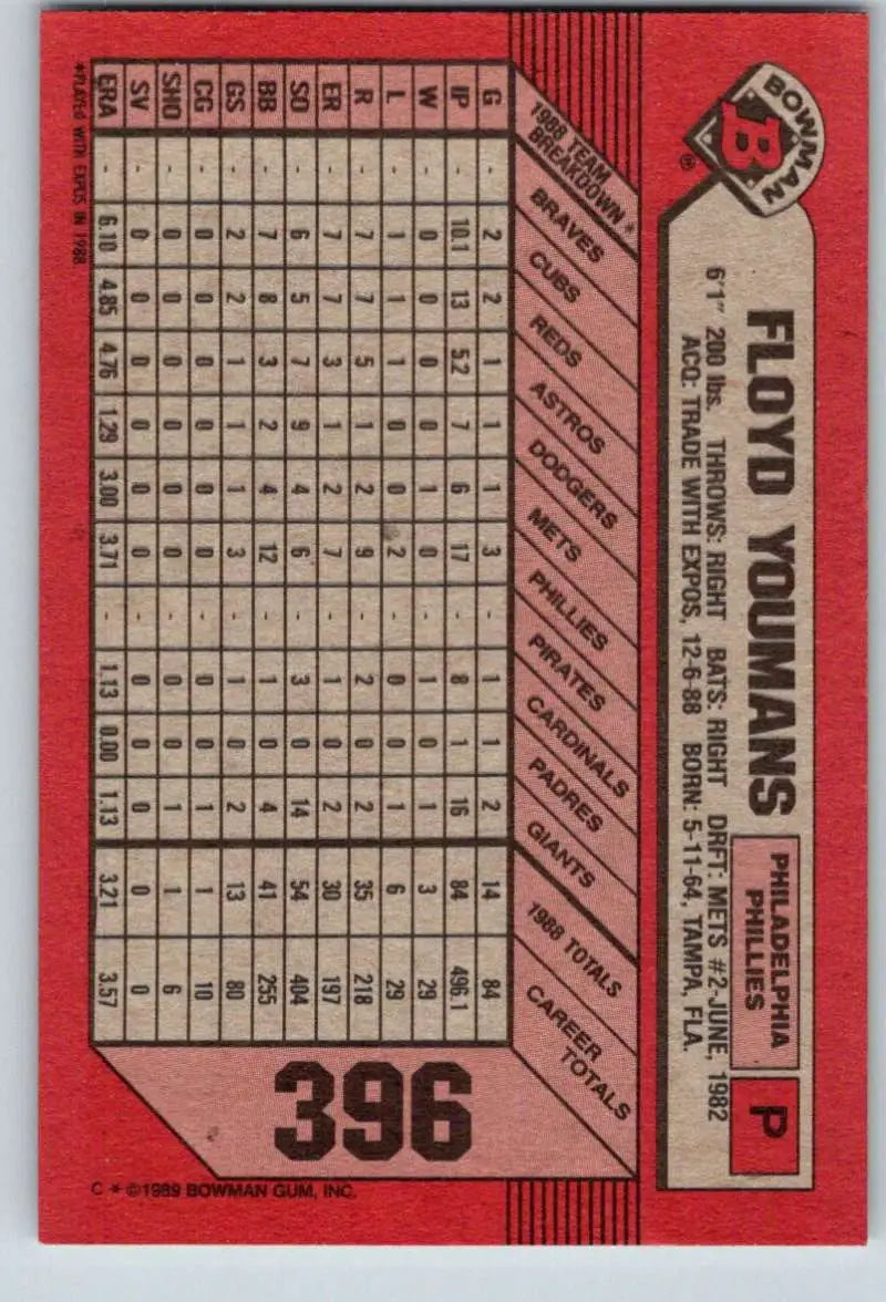 1989 Bowman #396 Floyd Youmans NM-MT Philadelphia Phillies Baseball Card - Baseball Card Single