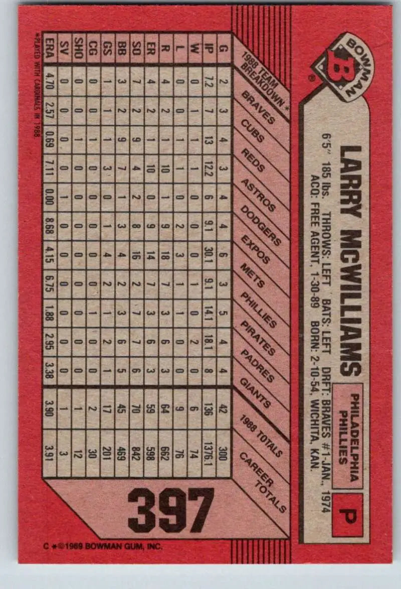 1989 Bowman #397 Larry McWilliams NM-MT Philadelphia Phillies Baseball Card - Baseball Card Single