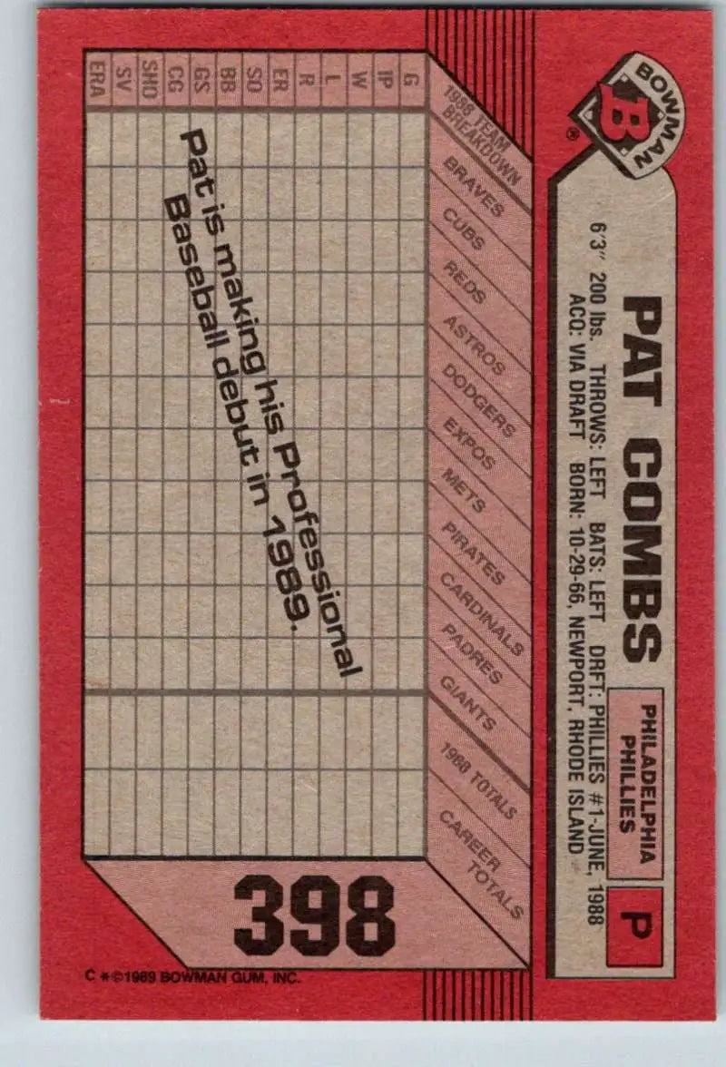 1989 Bowman #398 Pat Combs NM-MT RC Rookie Philadelphia Phillies Baseball Card - Baseball Card Single