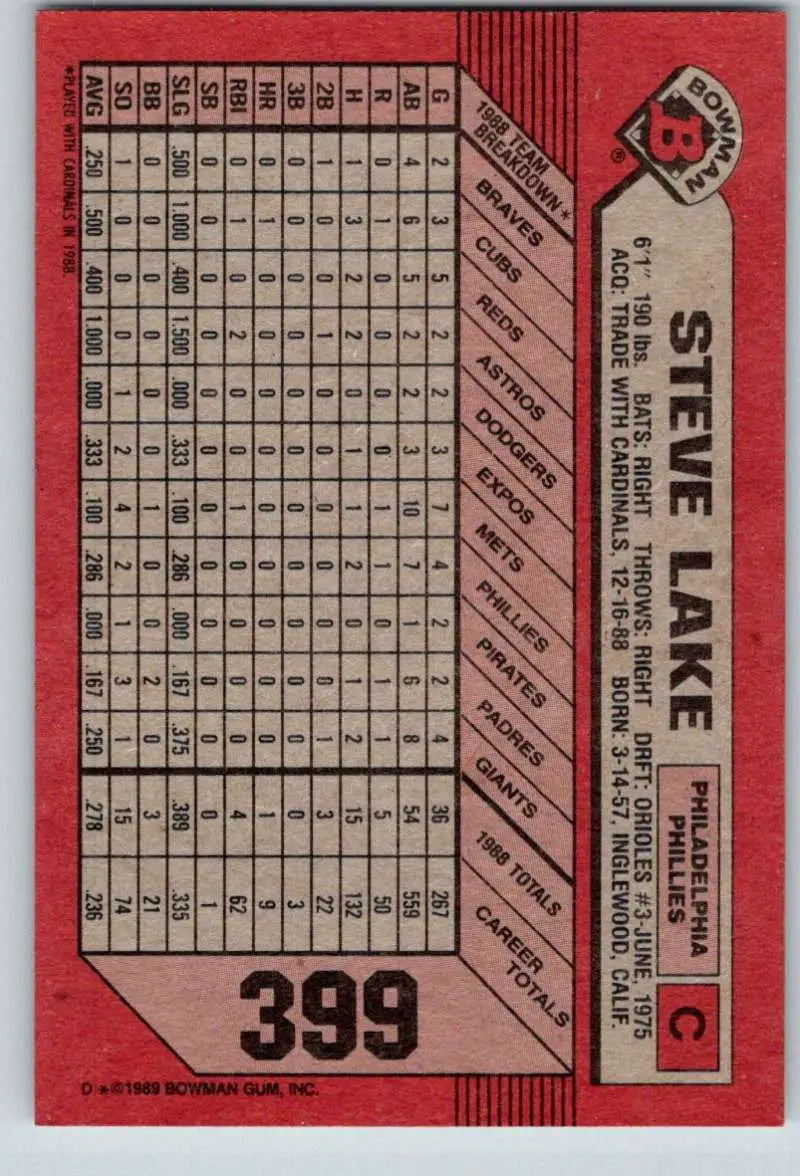 1989 Bowman #399 Steve Lake NM-MT Philadelphia Phillies Baseball Card - Baseball Card Single