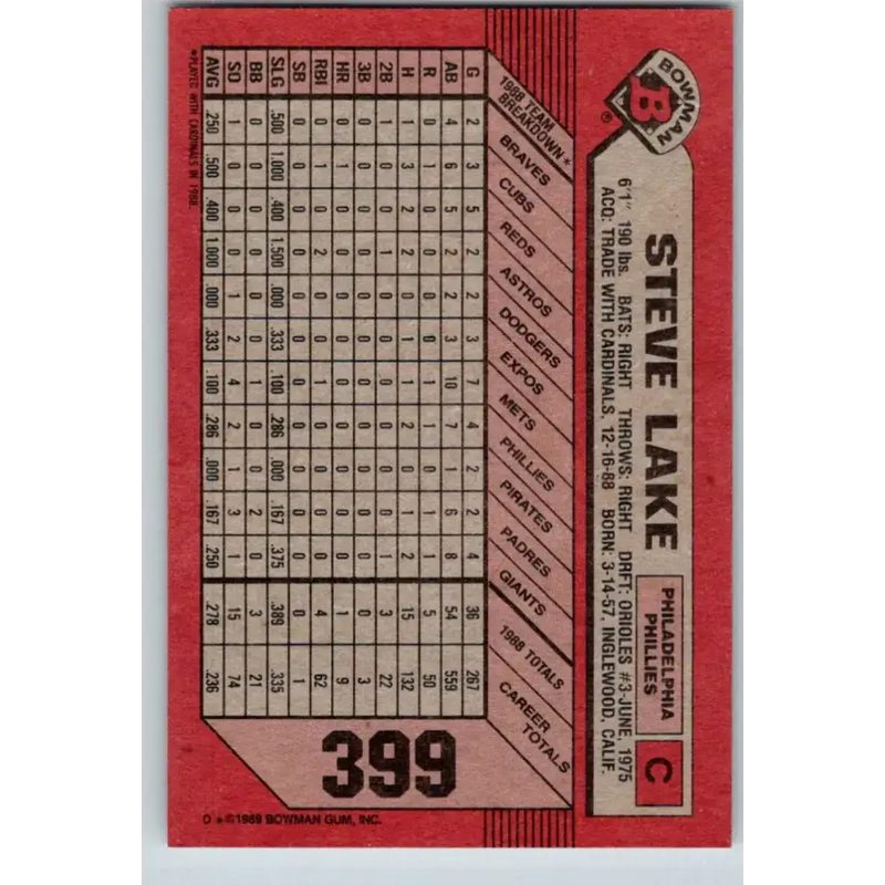 1989 Bowman #399 Steve Lake NM-MT Philadelphia Phillies Baseball Card - Baseball Card Single