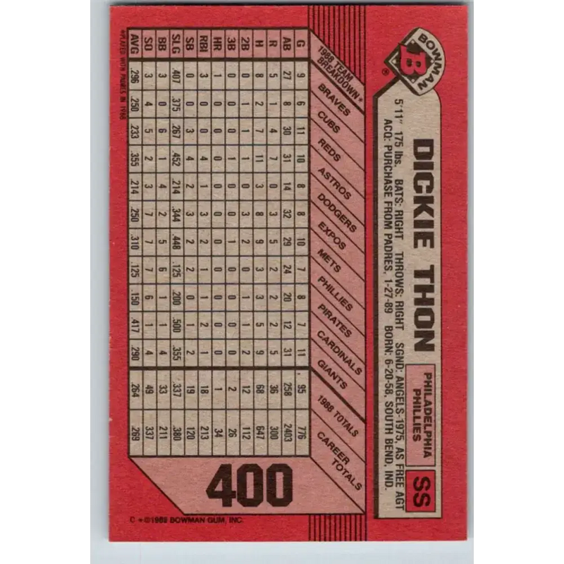 1989 Bowman #400 Dickie Thon NM-MT Philadelphia Phillies Baseball Card - Baseball Card Single