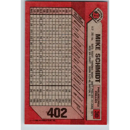 1989 Bowman #402 Mike Schmidt NM-MT Philadelphia Phillies Baseball Card