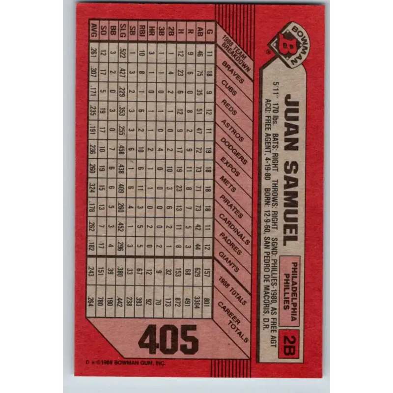 1989 Bowman #405 Juan Samuel NM-MT Philadelphia Phillies Baseball Card - Baseball Card Single