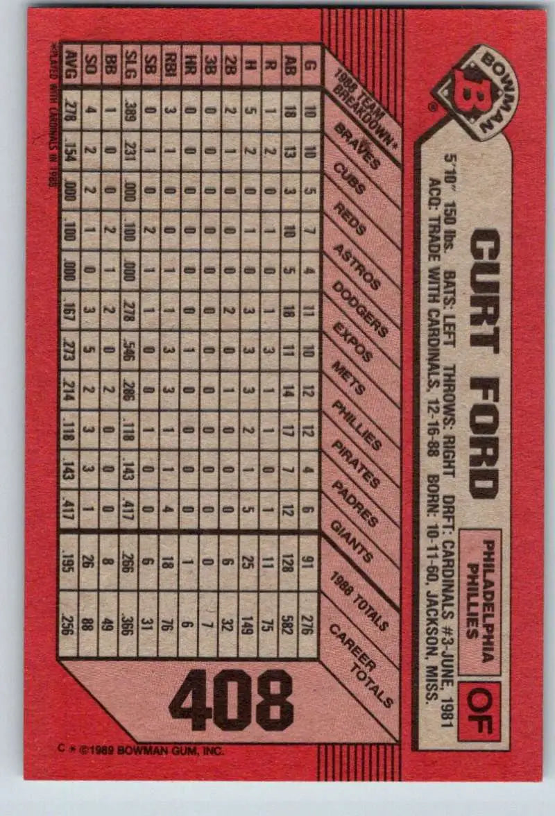 1989 Bowman #408 Curt Ford NM-MT Philadelphia Phillies Baseball Card - Baseball Card Single