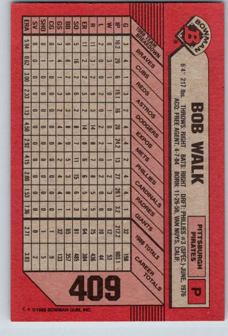 1989 Bowman #409 Bob Walk NM-MT Pittsburgh Pirates Baseball Card - Baseball Card Single