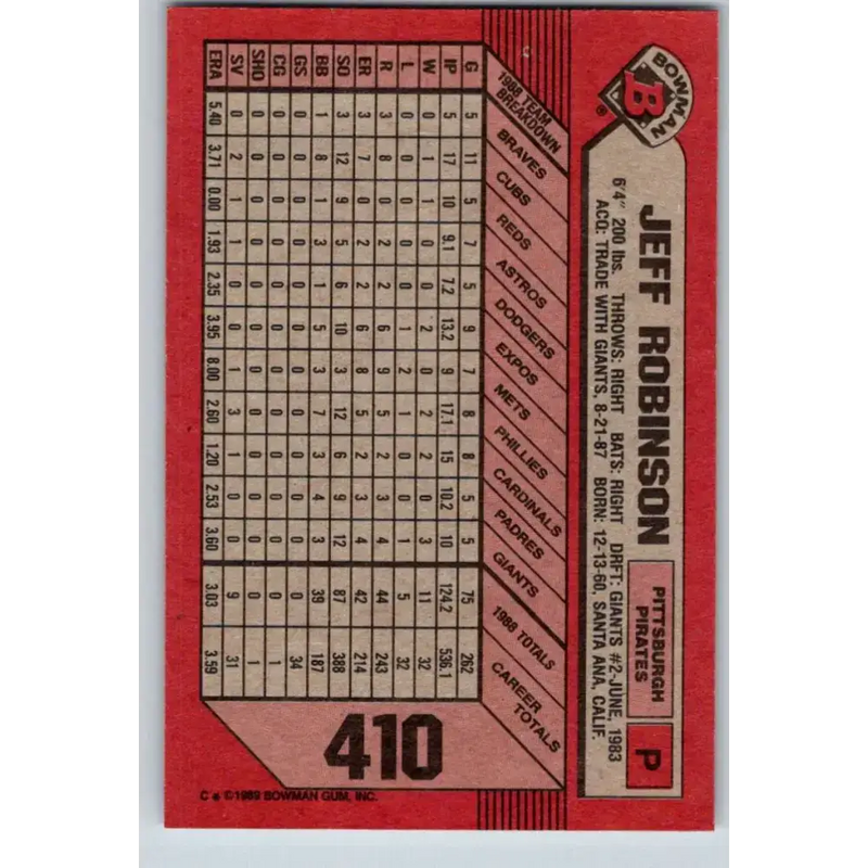 1989 Bowman #410 Jeff Robinson NM-MT Pittsburgh Pirates Baseball Card - Baseball Card Single