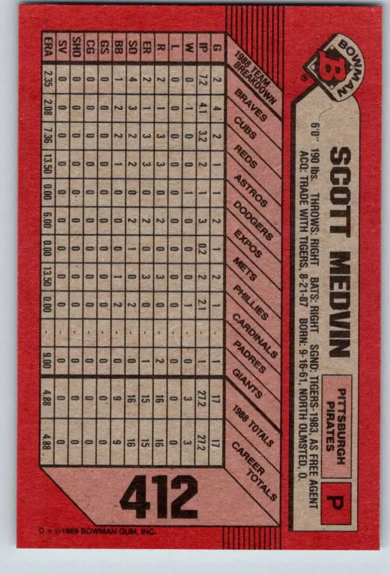 1989 Bowman #412 Scott Medvin NM-MT RC Rookie Pittsburgh Pirates Baseball Card - Baseball Card Single
